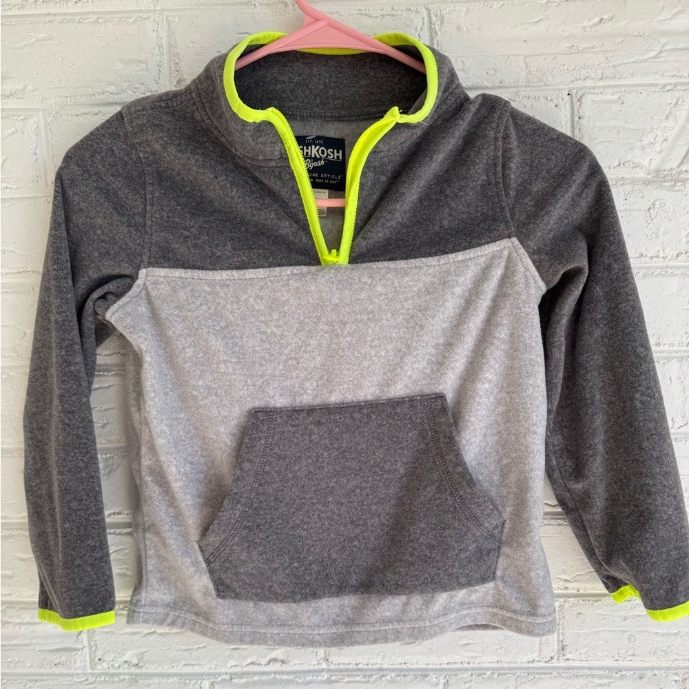 Oshkosh B'gosh‎ Kids Fleece Pullover Sweatshirt 7 7A Gray Neon Yellow Pocket